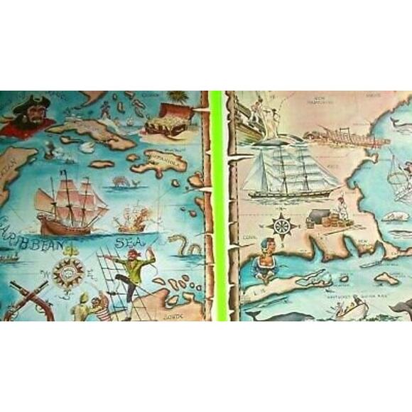 Lot Of 2 Art Prints Treasure Maps Pirate Ships Sea Monsters Ocean Whale Nautical - Picture 2 of 4
